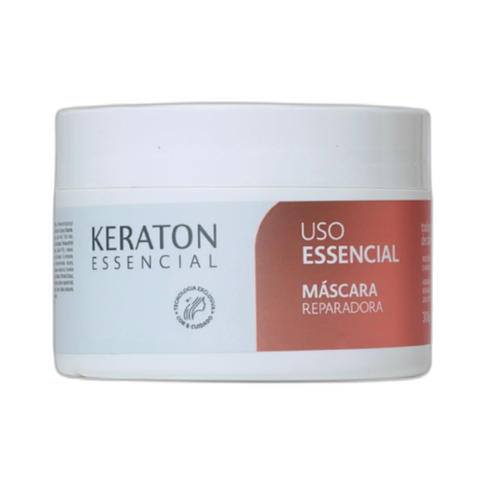 Vista frontal da Máscara Capilar Keraton Uso Essencial 300g em frasco branco com tampa branca